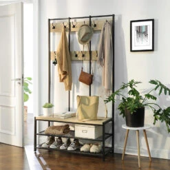 ACAZA Garderoberek Met Bankje, 100cm Breed, Kapstok En Schoenenrek - Lichte Eik -Woonaccessoires Verkoop 1000045921 0102