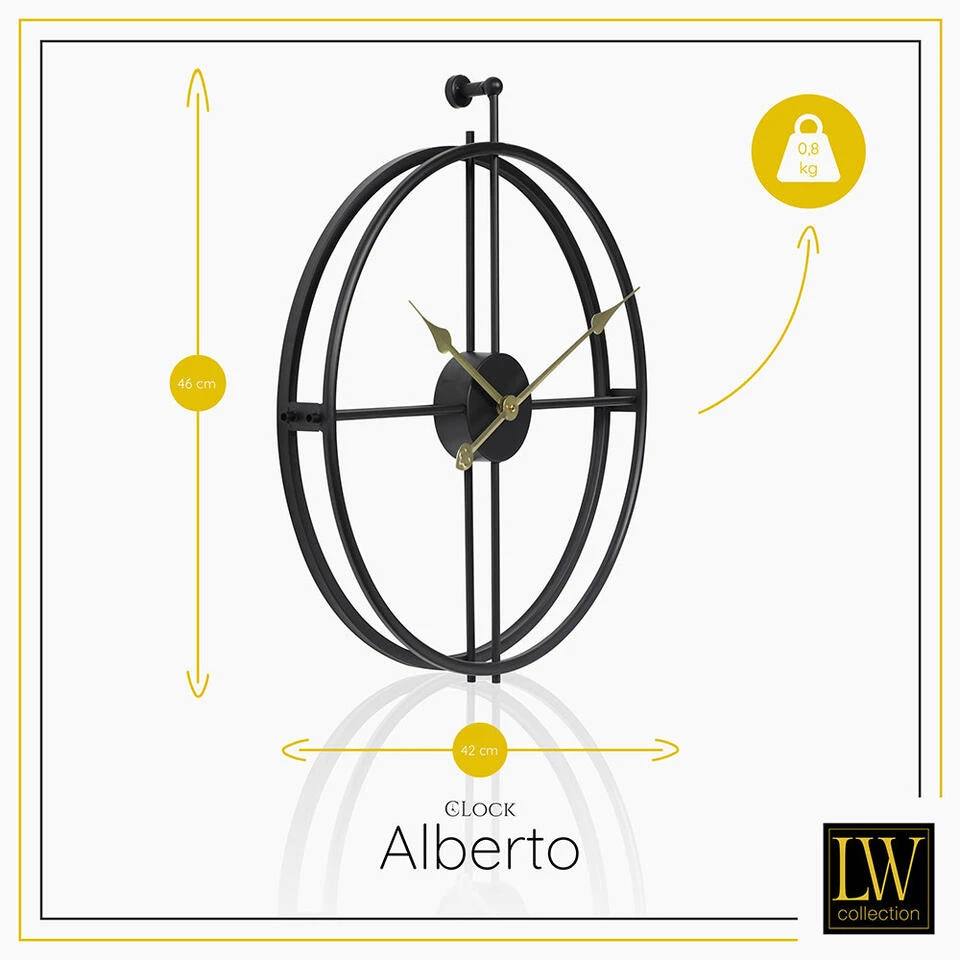 LW Collection Wandklok Alberto Zwart Met Gouden Wijzers 42cm 5 LW Collection Wandklok Alberto Zwart Met Gouden Wijzers 42cm - Afbeelding 3